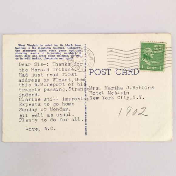 I Can't Bear to Leave West Virginia 1947 Linen Postcard Black Bears Nature - Picture 2 of 2